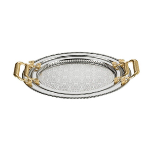 Oval Shape Metal Steel <b>Serving</b> <b>Tray</b> With <b>Gold</b> Accent Handle Silver Finish For Home & Restaurant Tableware Food Server <b>Tray</b> - Product Image 1