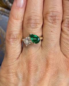 <b>Emerald</b> Gemstone Pear And Round Moissanite Toi Et Moi <b>Ring</b> 925 <b>Silver</b> Original Gold Plated Wedding Fine Gift for Girlfriends - Product Image 1