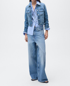 Women's Mid Blue <b>Cropped</b> <b>Denim</b> <b>Jacket</b> Button Closure Turn-Down Collar Long Sleeve Regular Fit Casual Jean <b>Jacket</b> - Product Image 2