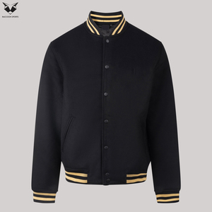 Premium Black Varsity Jacket Men Gold Striped Ribbing Letterman Jacket Minimalist Blank Baseball Bomber Jacket Plus Size Wear - Product Image 3