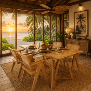 Juego de Comedor de Madera de Teca, Estilo Escandinavo Elegante, con Patas Arqueadas, Sillas de Ratán Tejidas a Mano, Moderno, para 4 Personas - Product Image 6