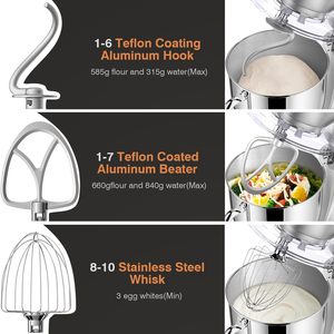 Batteur sur socle, mélangeur électrique de cuisine 10 vitesses 5QT, batteur à tête inclinable avec crochet pétrisseur, batteur plat, bol en acier inoxydable (Argent) - Product Image 3