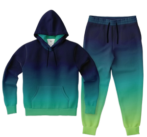 Blue Green Ombre Fleece Eco-Friendly Hoodie Jogger <b>Set</b> Unisex <b>Tie</b> Dye Gradient Tracksuit Cotton Hooded Sweatshirt Sweatpants - Product Image 1