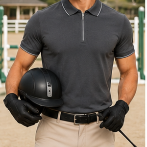 Haut de sport équestre pour homme, gris foncé, à manches longues, zippé, en jersey respirant, imprimé, style décontracté chic - Product Image 1