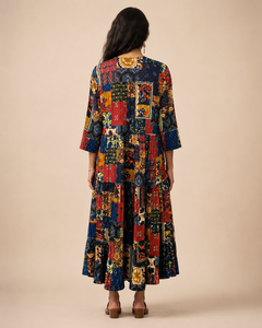 Robe maxi en coton tissé naturel style bohème patchwork pour femme, coupe ajustée, ourlet plissé, tenue décontractée d'été - Product Image 2