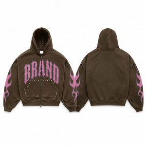 Sudadera con capucha para hombre, marrón, con cremallera, estilo oversize, de algodón y felpa, con estampado de letras y logo frontal, manga regular, para otoño - Product Image 1