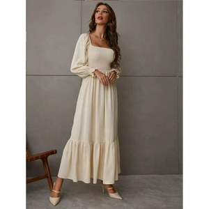 Y2K White Summer Polyester <b>Dress</b> for Women Casual Long Shirred <b>Ruffle</b> Hem With Square Neck and High Waist Long Sleeves - Product Image 5