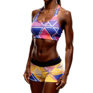 Conjunto de Yoga de 2 Piezas: Shorts de Cintura Alta y Top Corto con Espalda Cruzada y Cuello Redondo, con Encaje Floral y Ribete en Contraste, Elástico en Cuatro Direcciones - Product Image 4