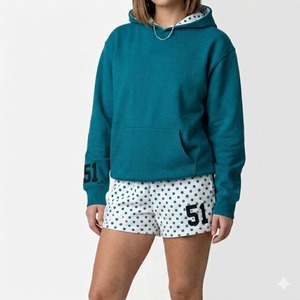 Women's <b>2</b>-<b>Piece</b> <b>Set</b> Teal Hoodie With Pocket <b>White</b> Polka Dot Shorts Number 51 Casual Spring Summer Fleece Long Sleeve Loose Fit - Product Image 1