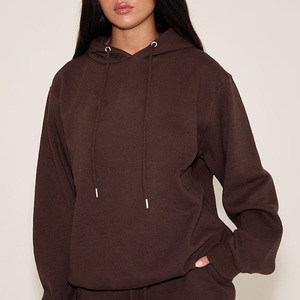 Women's <b>Brown</b> Oversized Hoodie Shorts Set Cotton Fleece Two Piece Casual Lounge Wear Solid Color Autumn Style - Product Image 4