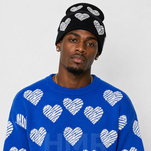 HMR Sisterhood Brotherhood Black Heart Pattern Jacquard Beanie Designer Skull Hat Unisex Winter Hat Adult Casual Knit Hat - Product Image 4