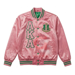 Womens Customized Satin GREEK AKA JACKET and womens lady crop breathable pink Satin Knitted embroidery sorority Bomber Jacket - Product Image 1
