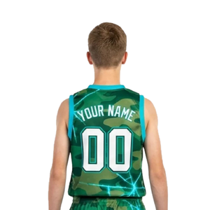 Conjunto de Uniforme de Baloncesto Personalizado para Hombre, Camuflaje Verde, Jersey sin Mangas con Cuello en V, Pantalones Cortos con Estampado de Rayos Cian, Número, Venta al Por Mayor, Kit de Ropa Deportiva para Equipo - Product Image 4