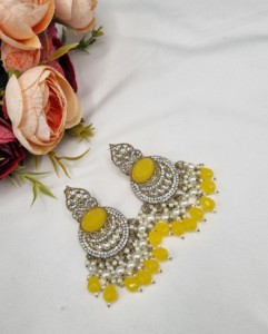 Elegant Oval Cut Stone Chandbali Pearl Beaded <b>Dangle</b> <b>Earrings</b> For Women Artificial Ethnic Jewellery Festival Partywear Wholesale - Product Image 1