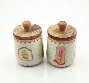 Eco Friendly Rustic Wooden Storage Jar with Enamel Printed Design Decorative Handmade Dry Fruits Jar & Storage <b>Box</b> At Best Price - Product Image 5