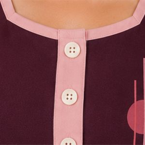 Burgundy And Pink Women Two Piece Shorts Set Square Neck Button <b>Top</b> Contrast Trim Graphic Print Casual Summer Cotton Lounge Wear - Product Image 5