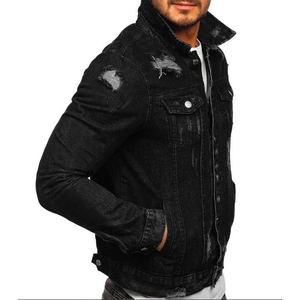 Veste en jean noire déchirée pour homme, coupe slim, couleur unie, boutonnée, décontractée, pour l'automne - Product Image 3
