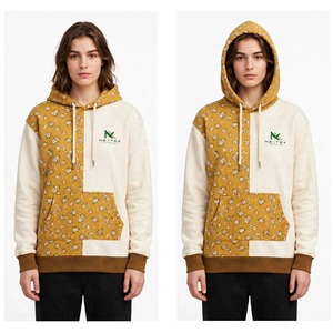 NEXTEX Unisex Patchwork <b>Hoodie</b> Mustard <b>Yellow</b> Floral Cream Half Panel Color Block Pullover Soft Cotton Fleece <b>Hoodie</b> - Product Image 4