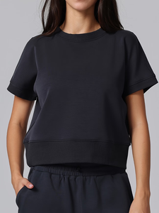 T-shirt de fitness pour femme, nouvelle collection été, col tombant, micro-polaire délavée, manches courtes, coupe classique, 100 % coton - Product Image 6