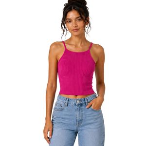 Camiseta Corta de Punto Acanalado Rosa Intenso Personalizada para Mujer, sin Mangas, con Tirantes Finos, Ajustada, Informal de Verano, con Logotipo Personalizado OEM - Product Image 1