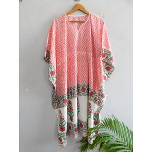 Handmade 100% Cotton Block Print Maxi Kaftan Dress Boho <b>Beach</b> Cover Batwing Sleeve V-neck Loose <b>Tunic</b> Eco-Friendly Breathable - Product Image 3