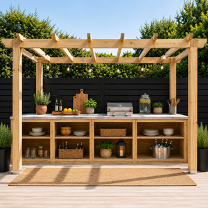 Pérgola de Lujo para Exteriores con Cocina y Barra, Estantes de Almacenamiento, Estación de Entretenimiento Moderna de Madera para Jardín con Encimera - Product Image 5