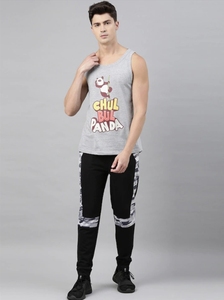 Débardeur sans manches gris pour homme avec imprimé de dessin animé Chul Bul Panda, col rond, style décontracté, 100% coton, tissu tricoté respirant - Product Image 2