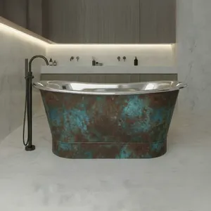 Bañera de Acero Inoxidable con Base Recta, Acabado Exterior con Pátina Envejecida, Hecha a Mano, Independiente - Product Image 6