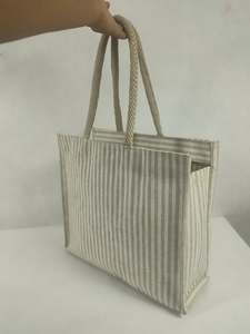 Natural Striped Jute <b>Tote</b> <b>Bag</b> with Front Pocket <b>Zipper</b> Closure Wedding Reusable Eco-Friendly Shopping <b>Bag</b> with Long Rope Handles - Product Image 4