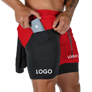 Shorts de sport bleu-noir pour homme avec poches, taille à cordon de serrage, séchage rapide, vêtements de sport, longueur mi-cuisse, couleur unie, logo imprimé - Product Image 3
