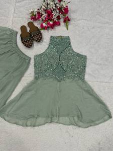 Mint Green Embellished Indian Pakistani Salwar Kameez Sequin Beaded Sleeveless <b>Top</b> <b>Net</b> Skirt Graduation Wedding Party Wear Quick - Product Image 5