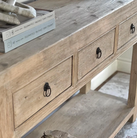 Table console rétro en bois courbé avec étagère ouverte, 3 tiroirs, accent en bois massif pour hôtels, table de canapé ronde avec poignée annulaire