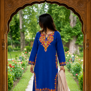 Royal Blue Kashmiri Pheran <b>Kurti</b> with Multicolour Aari Embroidery Buy Direct From Designer - Product Image 1