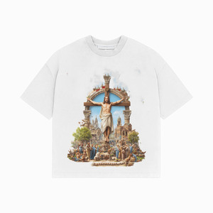 Camiseta extragrande de algodón premium de 240 GSM, blanca, con estampado artístico religioso, suave y transpirable, con logotipo DTG personalizado, 100% algodón, para hombre. - Product Image 1