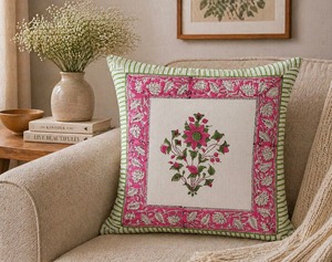 Pink Botanical Hand Block Printed Cushion <b>Cover</b> Square Cotton Decorative Pillow <b>Cover</b> <b>for</b> <b>Sofa</b> Couch and Lounge - Product Image 5