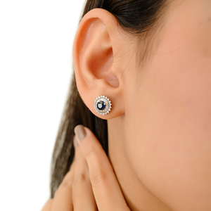 Nuevos y Elegantes Pendientes de Oro Blanco de 18K Originales con Zafiro Azul de 2mm y Diamantes en Forma Redonda, Doble Racimo, Regalo para el Día de la Madre - Product Image 4