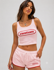 Custom Women's Two Piece Pink Crop Tank Top Shorts <b>Set</b> Sleeveless Sporty Summer Outfit <b>Knitted</b> Cotton Spandex Blend - Product Image 1