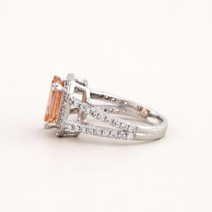 Peach <b>Emerald</b> Cut Lab Grown Diamond Halo Engagement <b>Ring</b> in 925 Sterling <b>Silver</b> Split Shank Pavé <b>Ring</b> - Product Image 4