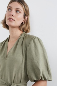 Robe d'été trapèze en lin à col en V ouvert, manches bouffantes, ceinture assortie, détail volanté, manches courtes sexy, grandes tailles disponibles - Product Image 4