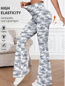 High Waist <b>Camouflage</b> Flare Pants Women's Sporty Yoga Pants Full Length Elastic Waist Printed Activewear Bottoms Summer Style - Product Image 1