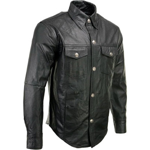 SAMROZ SPORTS Men's Premium Black Leather Casual Biker Rider Shirt w/Vintage 5 Cent Buffalo <b>Buttons</b> - Product Image 1