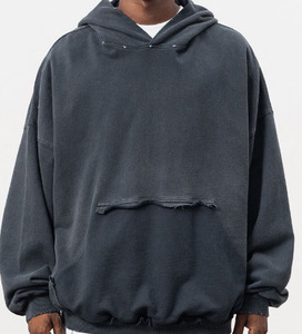 Sweat à capuche épais en coton 100% (400g) pour homme, coupe oversize et ample, imprimé, avec col à capuche, style tricoté, effet épissé - Product Image 3
