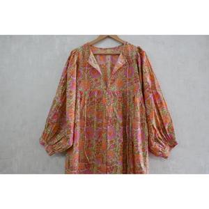 Robe longue bohème légère en coton imprimé à la main pour femme, tenue d'été à manches ballon, taille naturelle, lavable, col en V - Product Image 4
