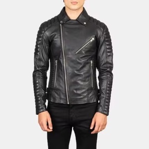 Men's Black Genuine Leather Motorcycle Jacket Turn-down Collar Zipper Closure Regular Sleeve Solid Color Autumn Wear - Product Image 5