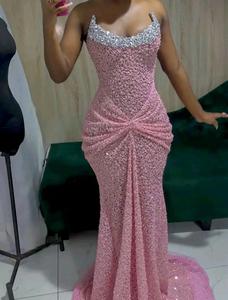 Luxury Pink Crystal Beaded Modest Sweetheart Bodycon Evening <b>Dress</b> <b>Spaghetti</b> <b>Strap</b> Sequin Formal Party Sweep Train - Product Image 5