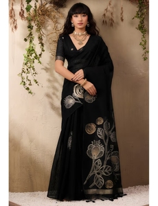 Sari de algodón Muga negro metálico KV con blusa sin coser - Product Image 1