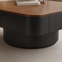 Table basse carrée en bois durable au design européen moderne, base de rangement noire, coins arrondis, structure métallique pour salon et bureau