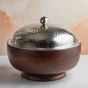 Round Wooden Serving Bowl With <b>Hammered</b> Metallic Lid Premium Buffet Food Container With Spherical Knob - Product Image 1
