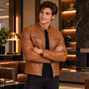 <b>Men</b>’s Camel Brown <b>Genuine</b> <b>Leather</b> Moto <b>Jacket</b>, Full Zip Front, Stand-Up Collar, Zipper Chest Pockets, OEM Manufacturer - Product Image 5