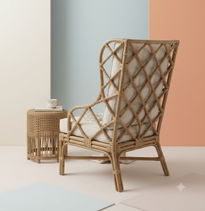 Modern Scandinavian Design Natural Rattan <b>Dining</b> Chair High Back Woven Wicker Accent <b>Armchair</b> Removable Cover Thick Tufted - Product Image 4